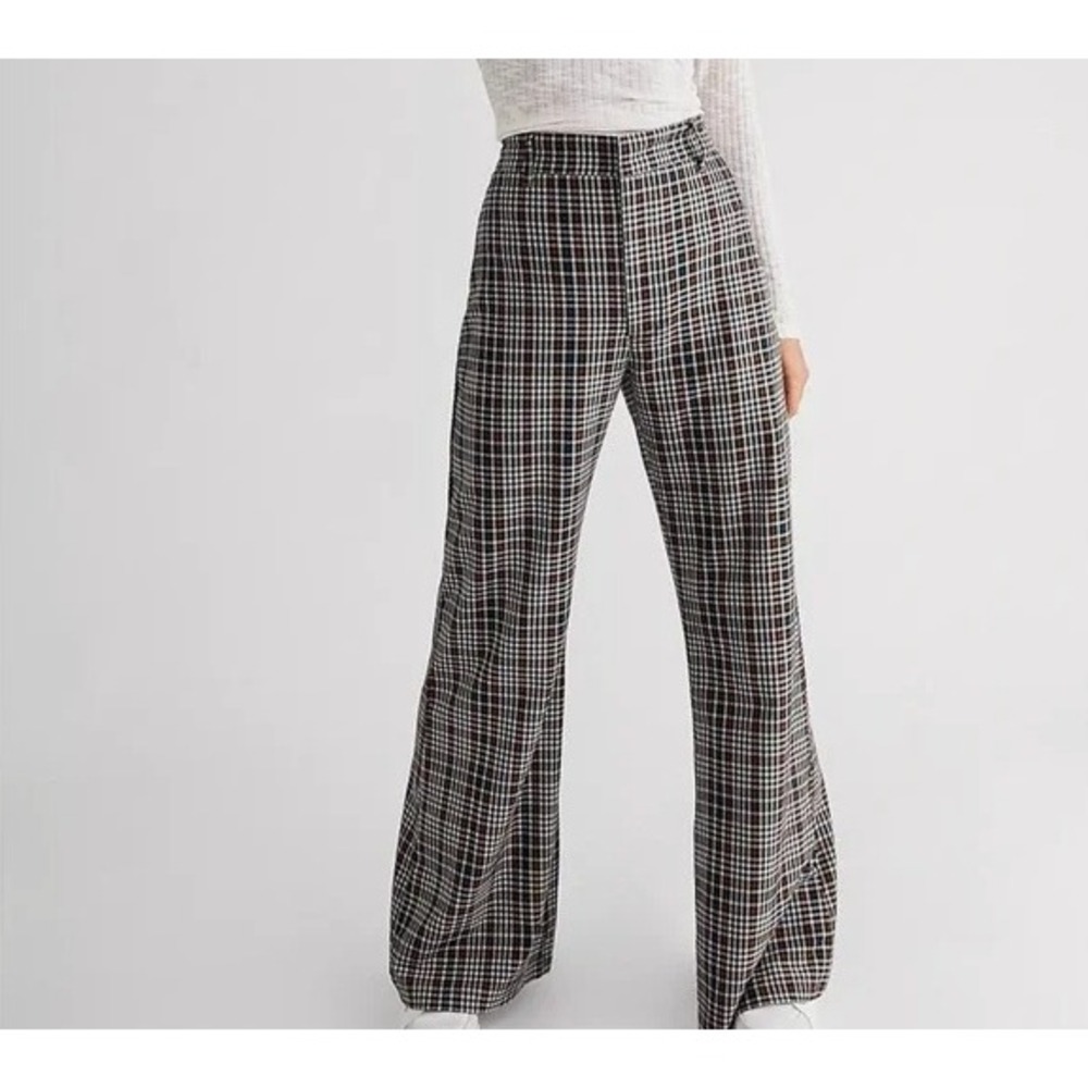 Free People Plaid Jules Pants Size 4 High Rise Wide Leg Trousers Brown Black